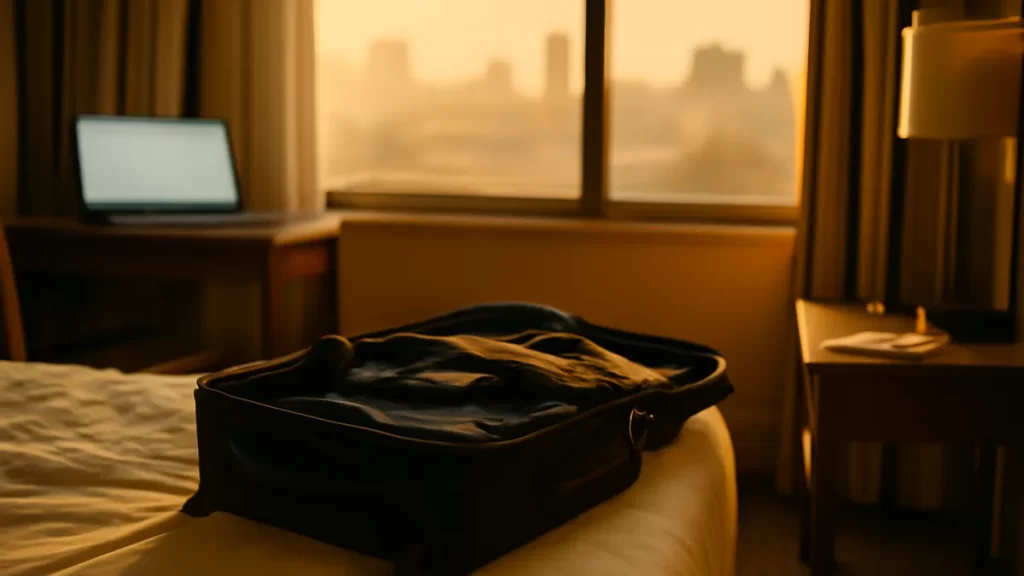 Direct or an aggregator: choosing the smarter hotel booking route Empty hotel room with open suitcase, blurred laptop, keycard on nightstand.
