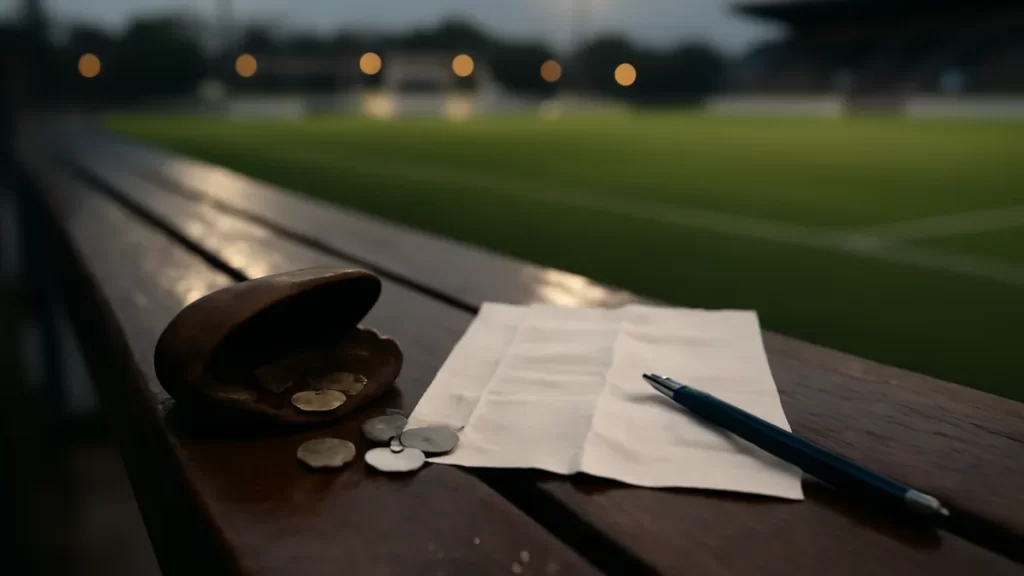 Coin pouch, loose coins, blank paper lineup, biro on stadium bench