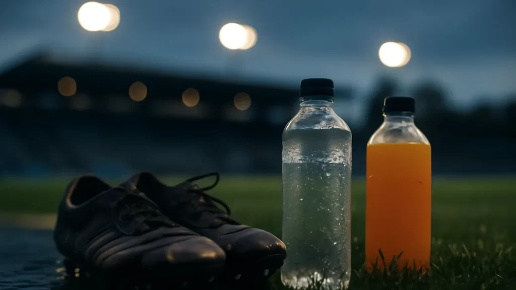 Electrolyte drinks or water: simple rules for when to choose which Worn football boots, two unlabeled bottles, rain-sheen pitch, distant floodlights.