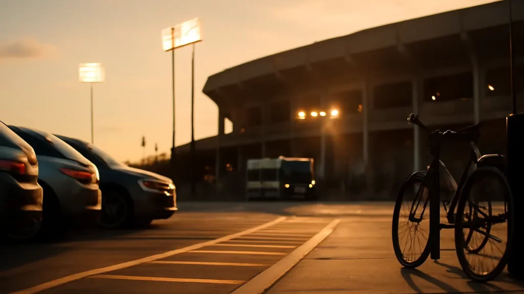 Getting to and from a stadium: a practical decision guide Golden-hour stadium forecourt with parked cars, bike, pathway, distant floodlights.