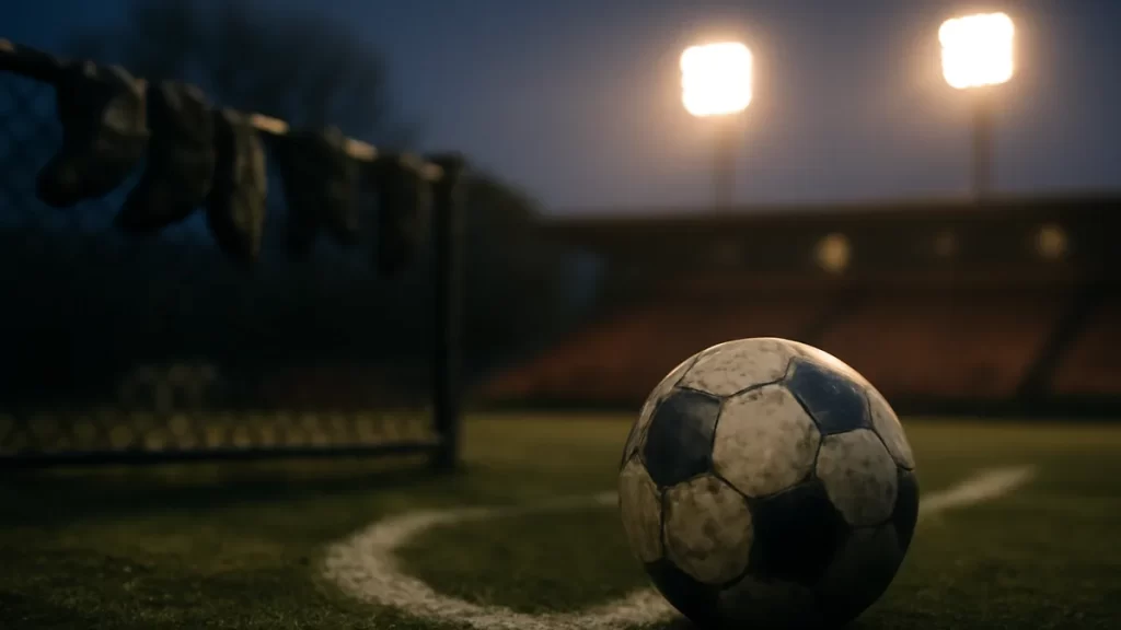 Scuffed football on center circle, glowing floodlights, blurred empty stands.