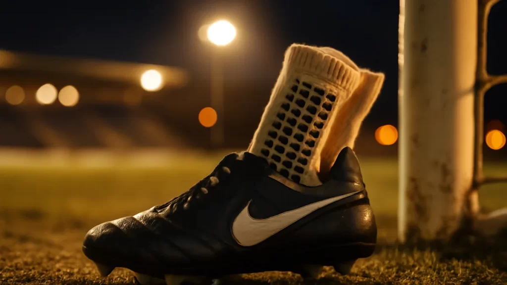 Grip socks: what they change and when they matter Grip socks half inside boots on wet turf, stadium lights blurred.