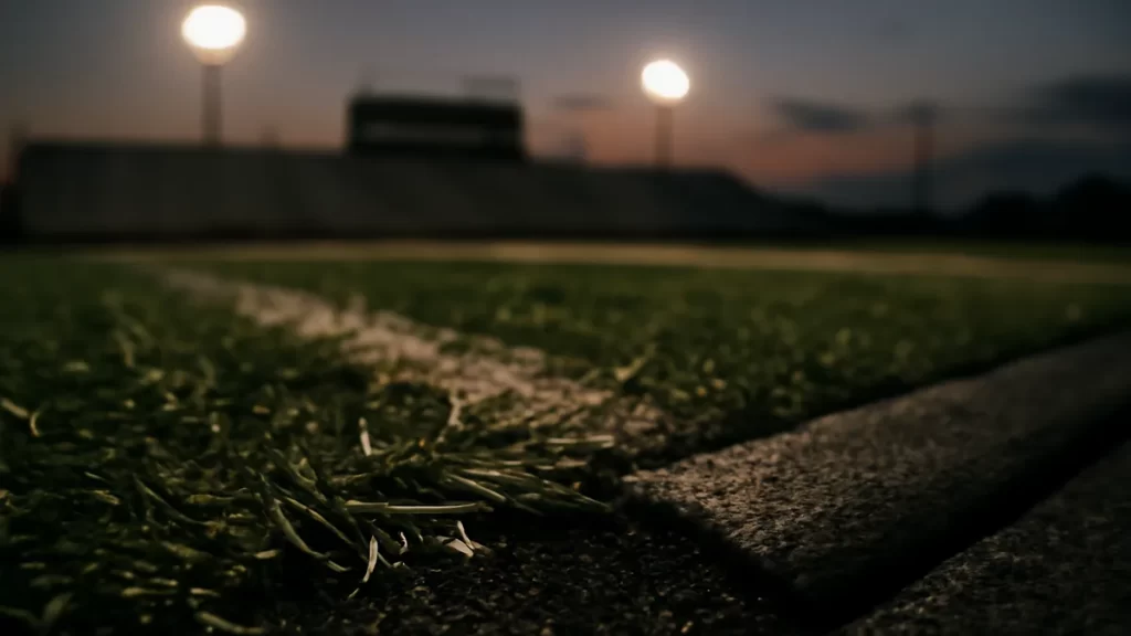 Close-up textured artificial turf and rubber edging at dusk, empty stands