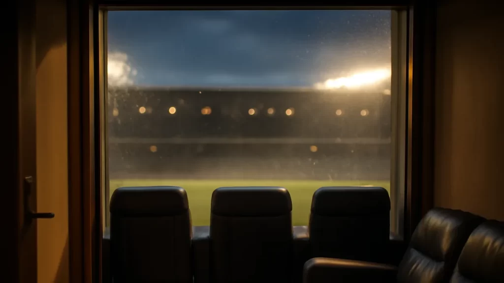 Hospitality packages: who benefits and when to buy View from a private suite toward a floodlit pitch at dusk.