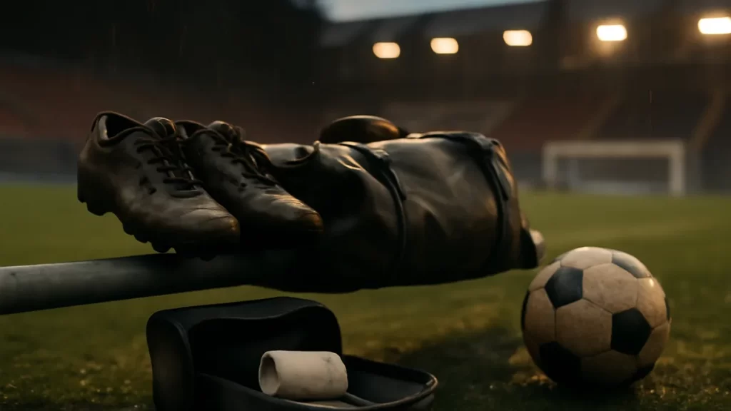 Insurance for amateur players: what to buy and why Muddy boots, duffel and open first-aid pouch on wet sideline