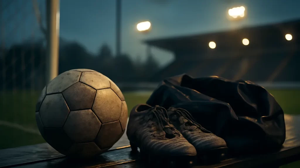Worn football, boots, and open kit bag on wet bench near goalpost