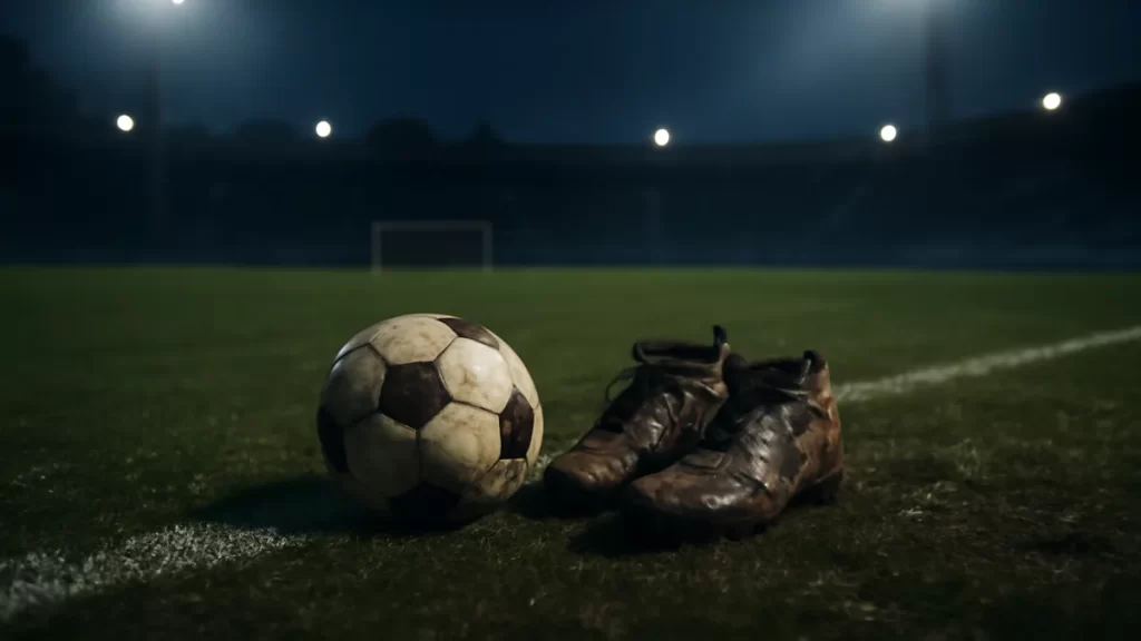 Floodlit wet football pitch with ball and boots by empty stands.