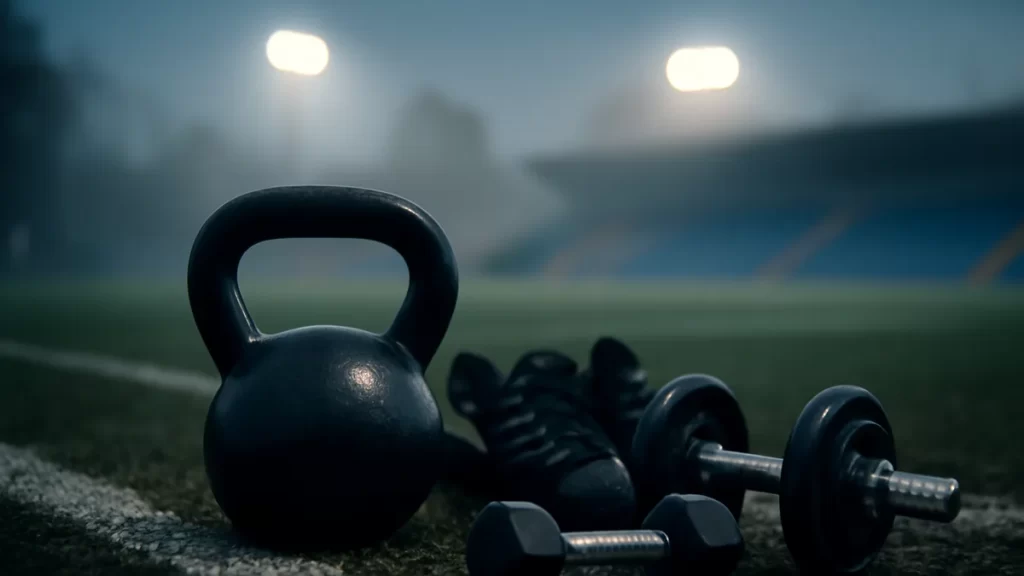 Kettlebells vs dumbbells for a sport-specific gym Kettlebell and dumbbells on sideline turf beside football boots