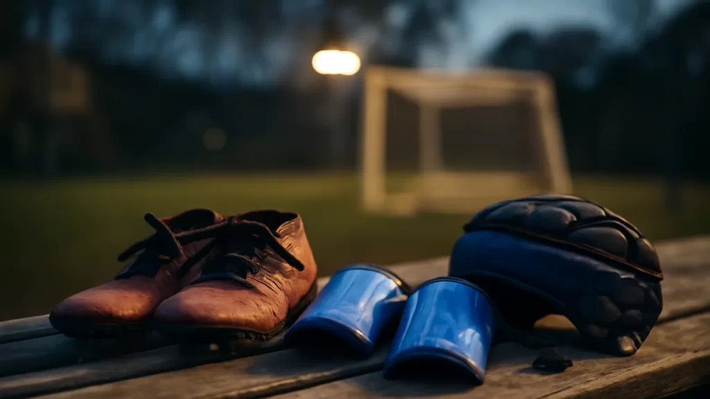 Scuffed kids' boots, shin guards and small helmet on a bench