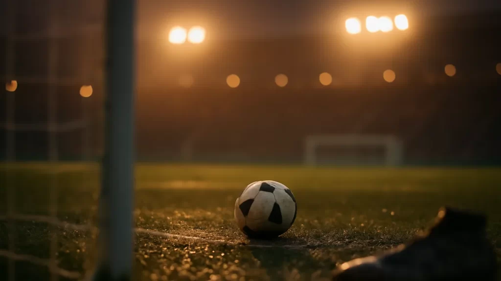 Wet football on dewy grass under evening floodlights, empty stands blurred