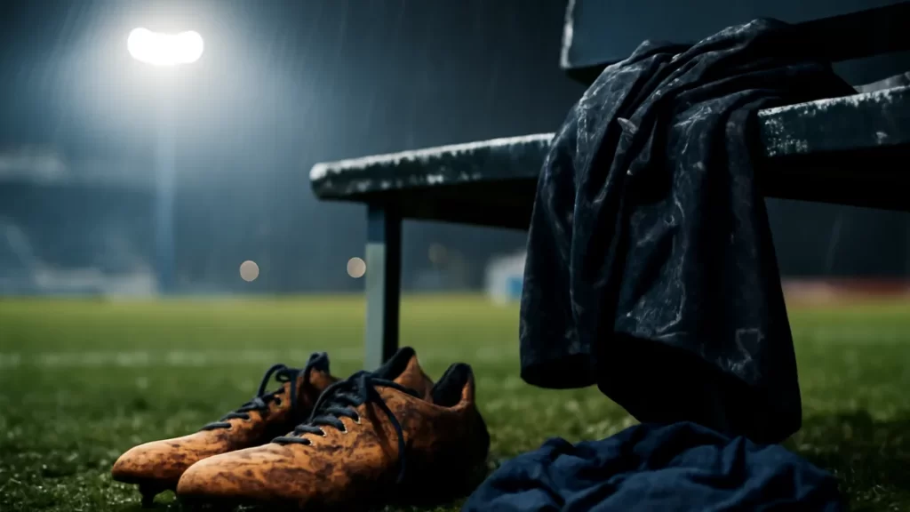 Layering for cold, wet training: pick fabrics that keep you moving Muddy boots and wet jacket on sideline under floodlights at twilight