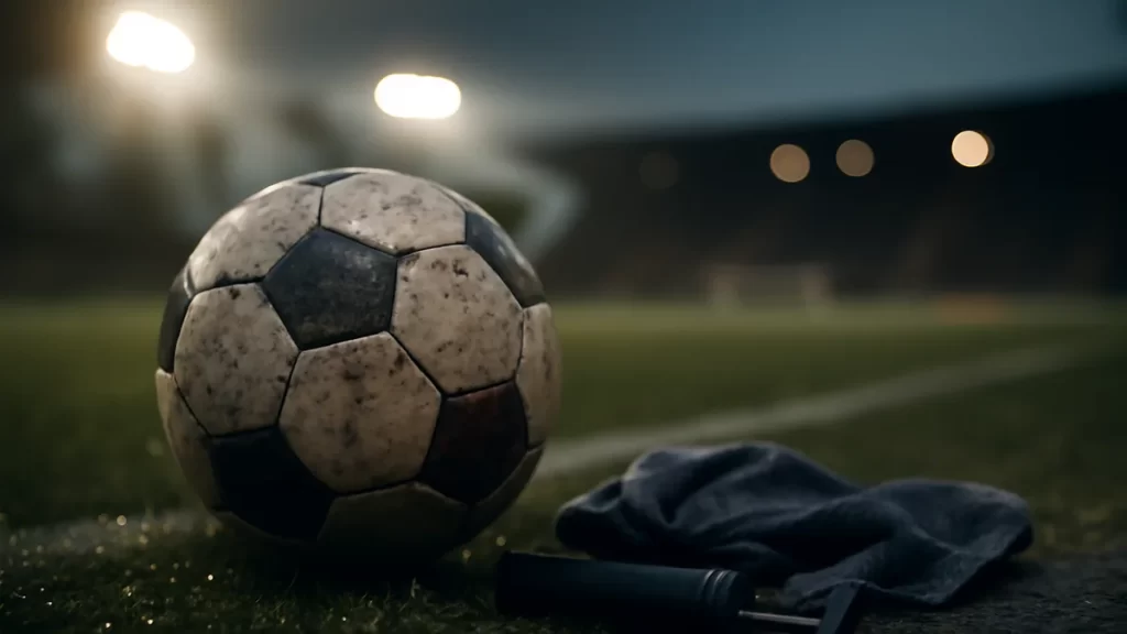 Looking after a match ball for a full season Scuffed football on wet grass near pump and muddy boots at dusk