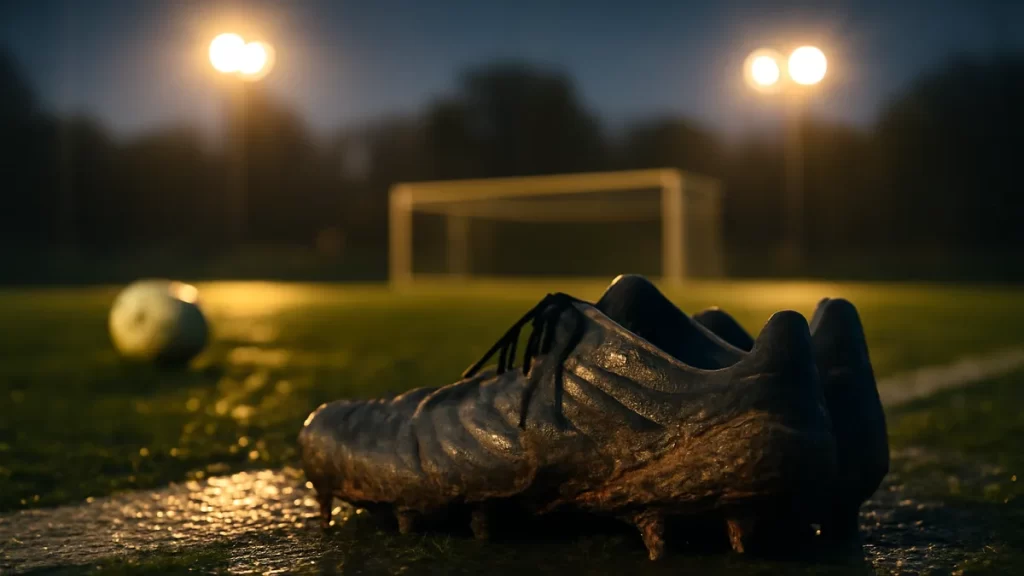 Massage guns: practical buying guide for amplitude, force and safety Muddy football boots on wet grass, blurred ball and goal under floodlights