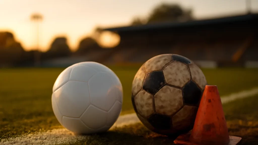 Match ball or training ball — what to buy and why it matters Two different footballs—shiny match ball and scuffed training ball—on grass.