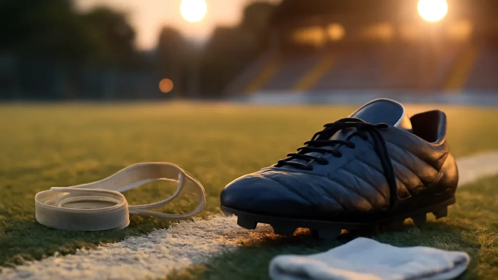 Measuring your foot before buying online: a practical buying guide Scuffed football boot, measuring tape and sock on pitch touchline at dusk