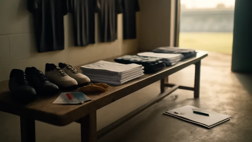 Locker-room bench with folded shirts, boots, swatches, measuring tape, clipboard