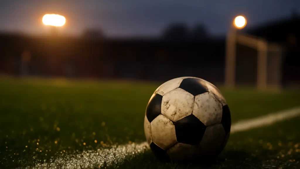 Scuffed football on wet touchline under floodlights, empty blurred stands behind