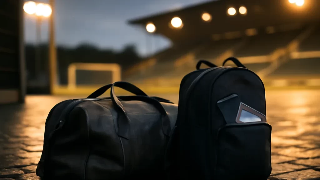 Packing the right bag for a weekend away game Duffel and backpack on wet cobbles outside an empty stadium entrance