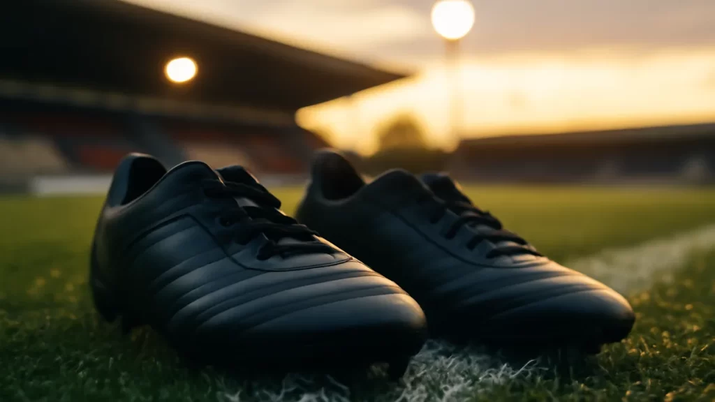 Picking football boots for wide or narrow feet: a practical guide Two unbranded football boots on dewy pitch with empty stands
