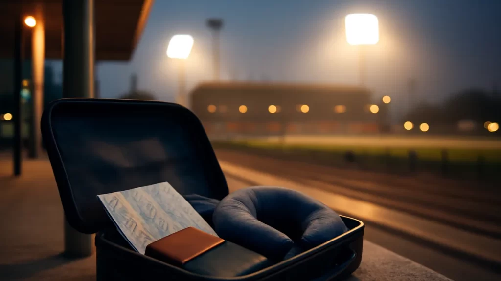 Open carry-on with map and travel wallet beside illuminated stadium.