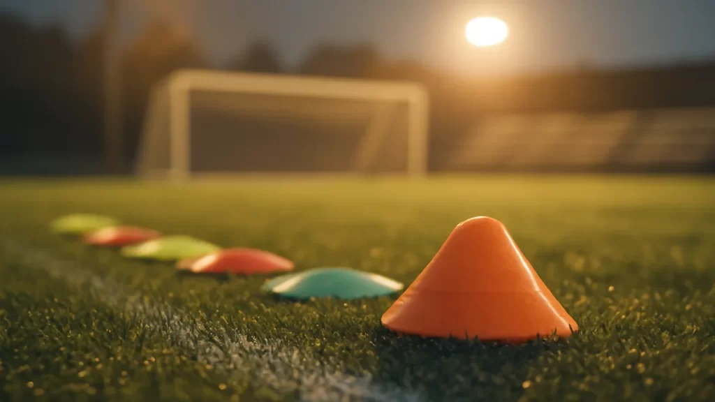 Practical guide to marking out a pitch or training area Bright markers and cone on dewy grass with blurred goal in background.