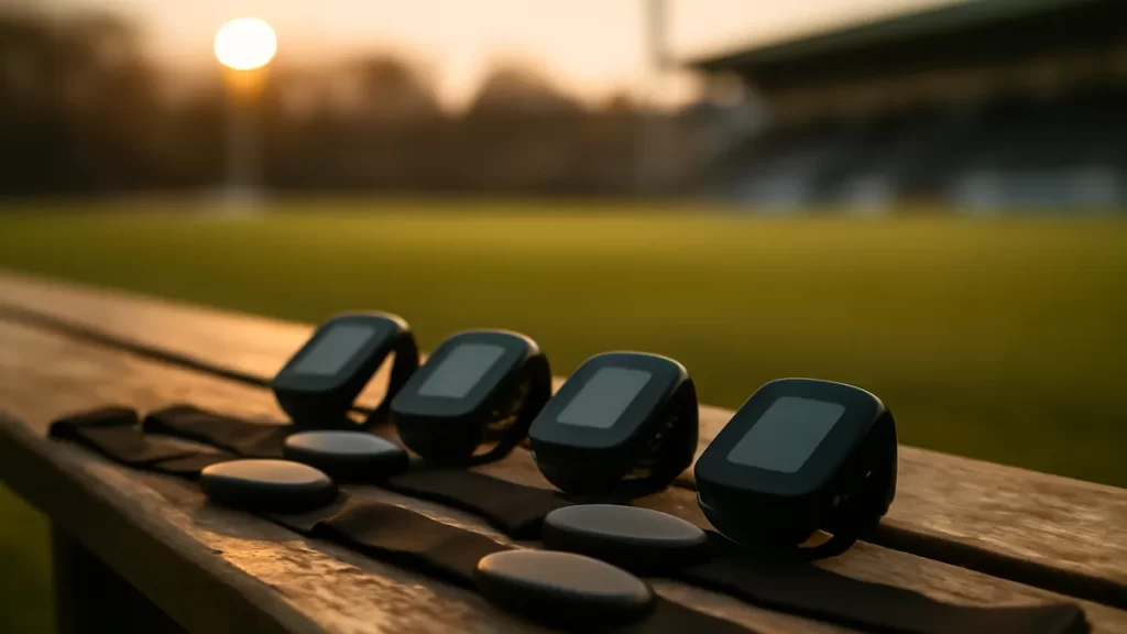 GPS units and heart-rate straps on bench, pitch and stands blurred behind
