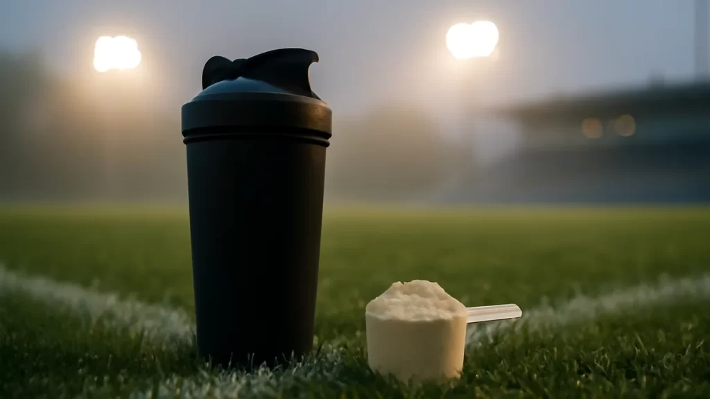 Pre-workout ingredients worth paying for Shaker bottle and supplement scoop on dewy pitch with stadium lights.