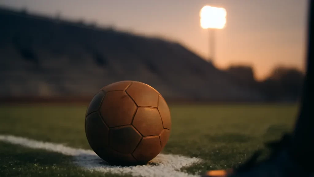Worn football on penalty spot with empty stands and glowing floodlights