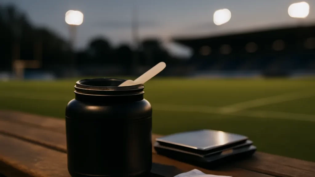 Reading a sports nutrition label: what matters and what to ignore Open unbranded supplement tub and scoop on bench by empty pitch