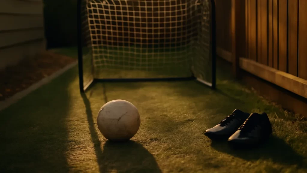 Rebounders and practice nets: choosing the right kit for solo sessions Practice net on backyard turf with ball and boots in evening light