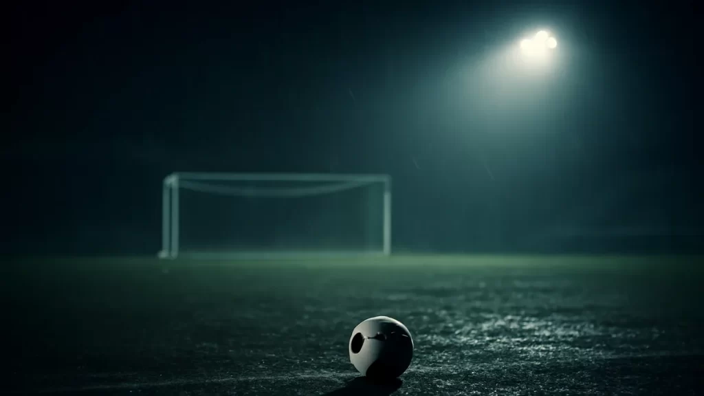 Recognising warning signs and choosing the right helpline Single football on wet pitch under floodlights, empty stands blurred in mist
