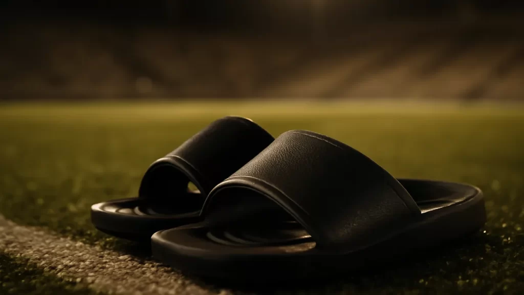 Recovery footwear: how to pick recovery slides for athletes Recovery slides on damp sideline turf beneath warm evening floodlights.