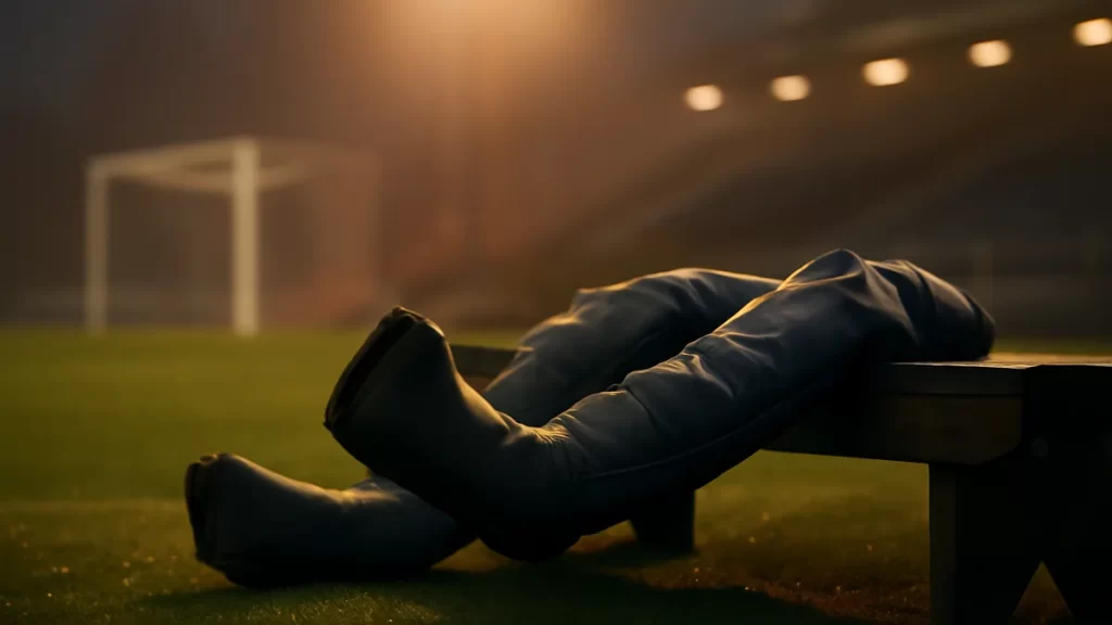 Recovery tech and the evidence behind it Compression recovery boots on bench by pitch, goal and stands blurred