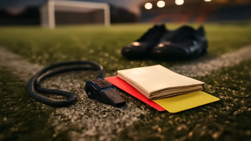 Refereeing kit and qualification: what to buy and what to earn Whistle, cards and boots on wet pitch beside floodlit empty stands.