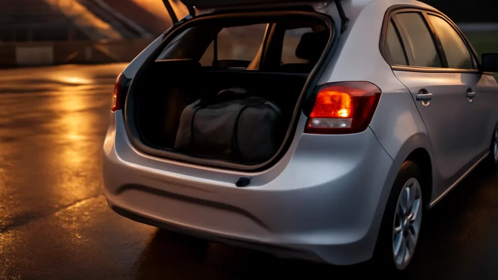 Renting a car for a match weekend: a practical decision guide Hire car with open boot by empty stadium car park at dusk