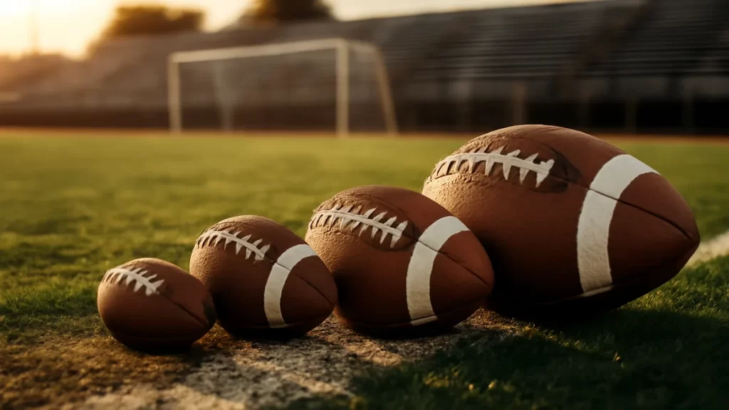 Right football ball sizes by age and playing surface Four footballs of varying sizes on grass-to-turf seam, goal blurred
