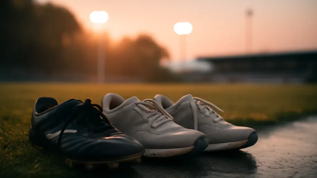 Running shoes for footballers: choose the right cross‑training trainer Running trainer and football boots side by side on damp pitch edge