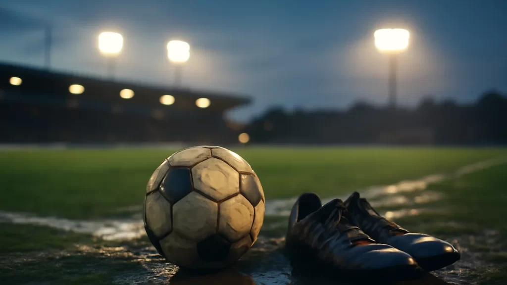 Sign‑up bonuses: what matters before depositing Scuffed football and muddy boots on wet pitch under glowing floodlights.