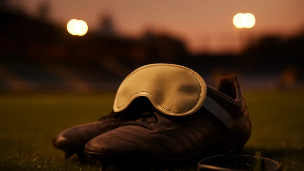 Football boots, sleep mask and wrist tracker by empty pitch under floodlights