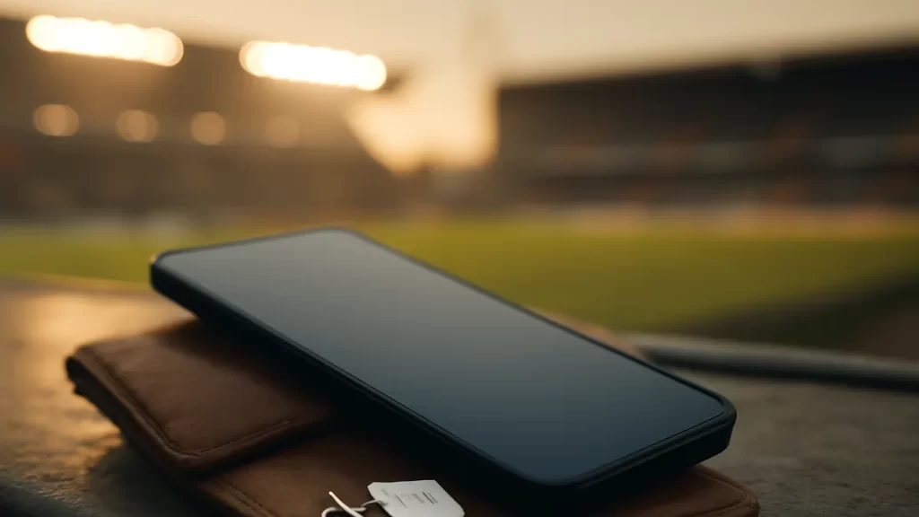 Smart data and eSIM choices for match-day travel Smartphone, travel pouch and SIM card on stadium concourse at dusk.