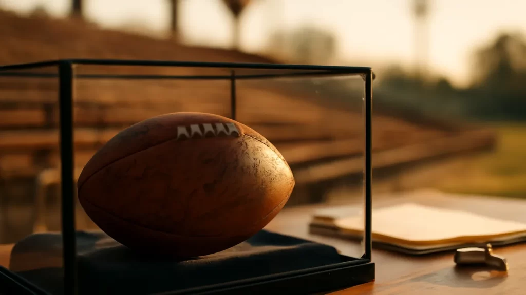 Signed leather football in glass case with blurred papers and loupe.