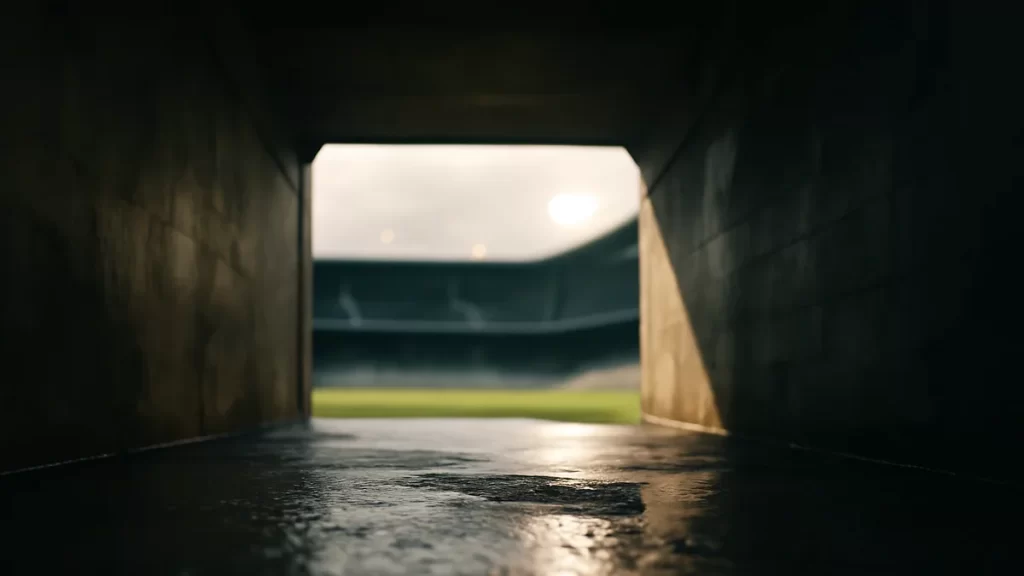 Stadium tours: what to expect before you buy tickets Sunlit football pitch seen through empty concrete players' tunnel, wet floor foreground.