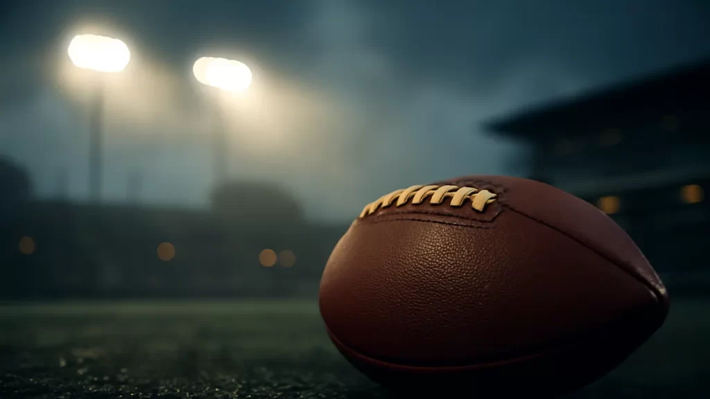 Plain football on wet turf under floodlights, empty stands blurred