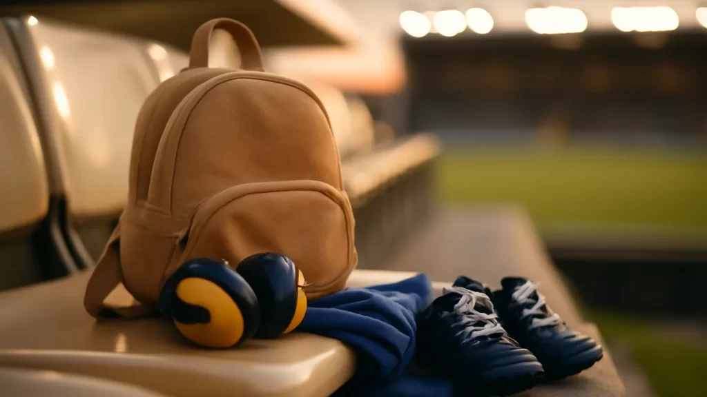 Taking children to a match: a practical buying checklist Children's backpack, ear defenders, rain jacket and boots on stadium seat.