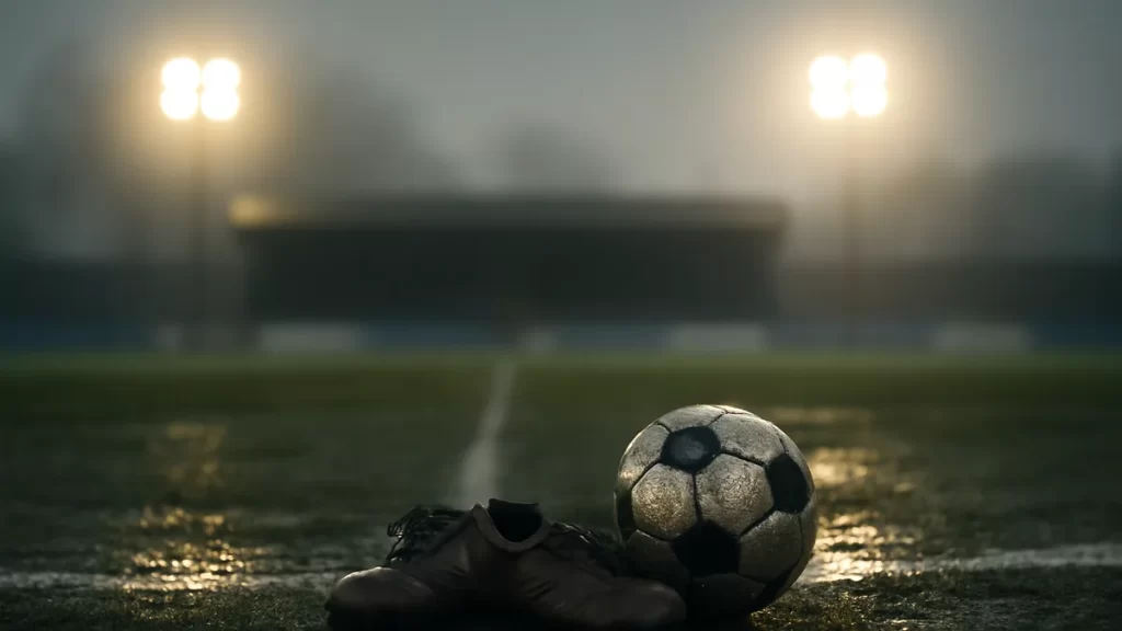 Tarik Skubal kept composure on emotional return against his former team Wet football boots and ball on twilight pitch, floodlights and empty stands.