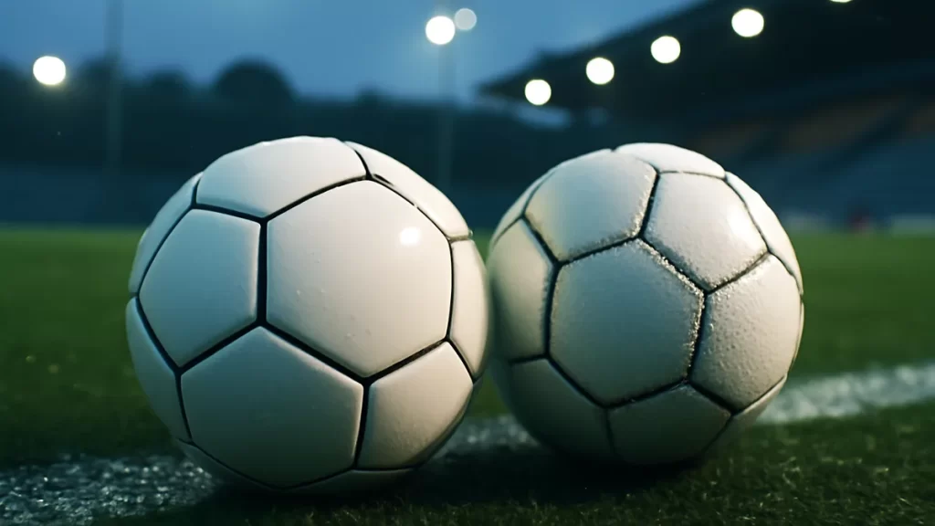 Thermally bonded or stitched footballs — which to buy Two footballs on wet pitch showing sealed seam and visible stitched seam.