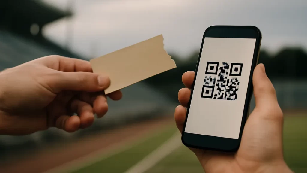 Ticket resale platforms compared: choose the right marketplace Hands holding unbranded ticket and phone, blurred floodlit empty stadium seats.