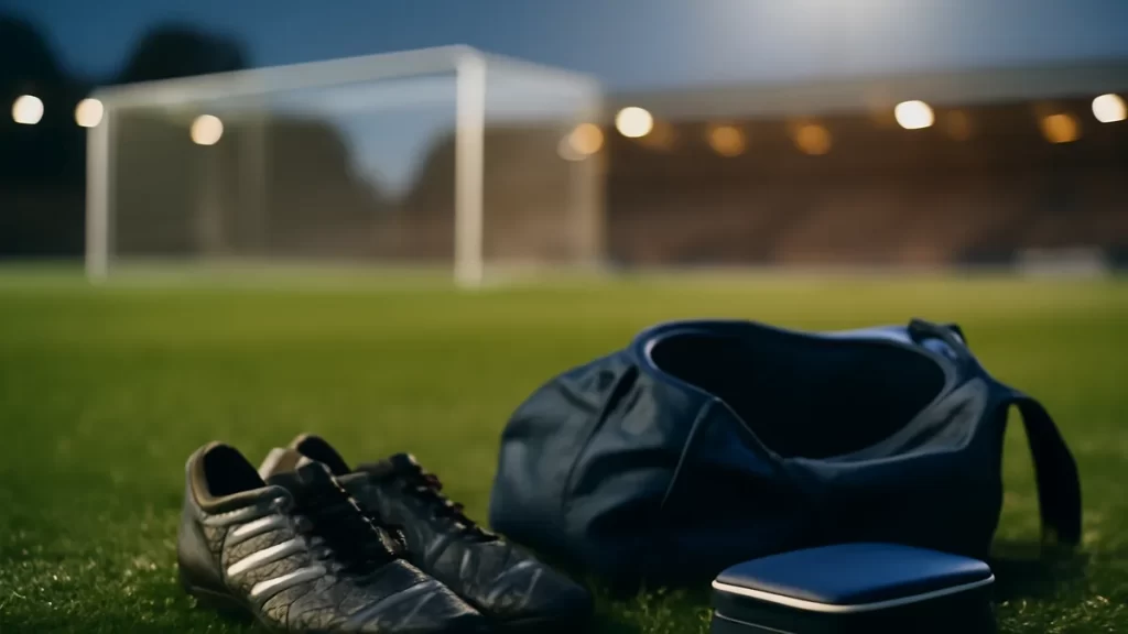 Travel insurance for a sports trip: what to choose and why Scuffed boots, open travel bag and medical kit on wet sideline.