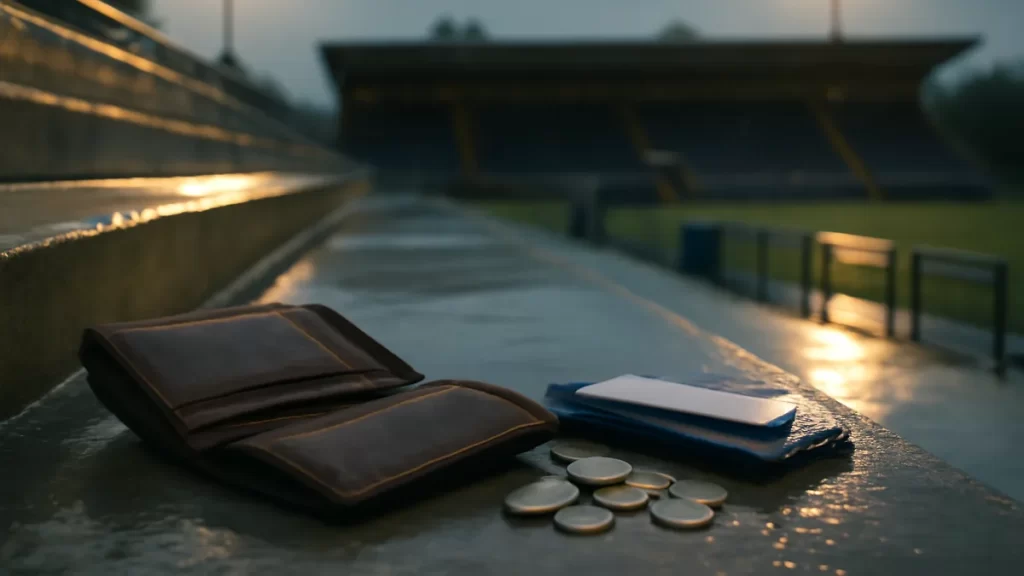 Travel money for a match abroad: what to take and why it matters Open wallet, coins and cards on wet stadium steps at dusk