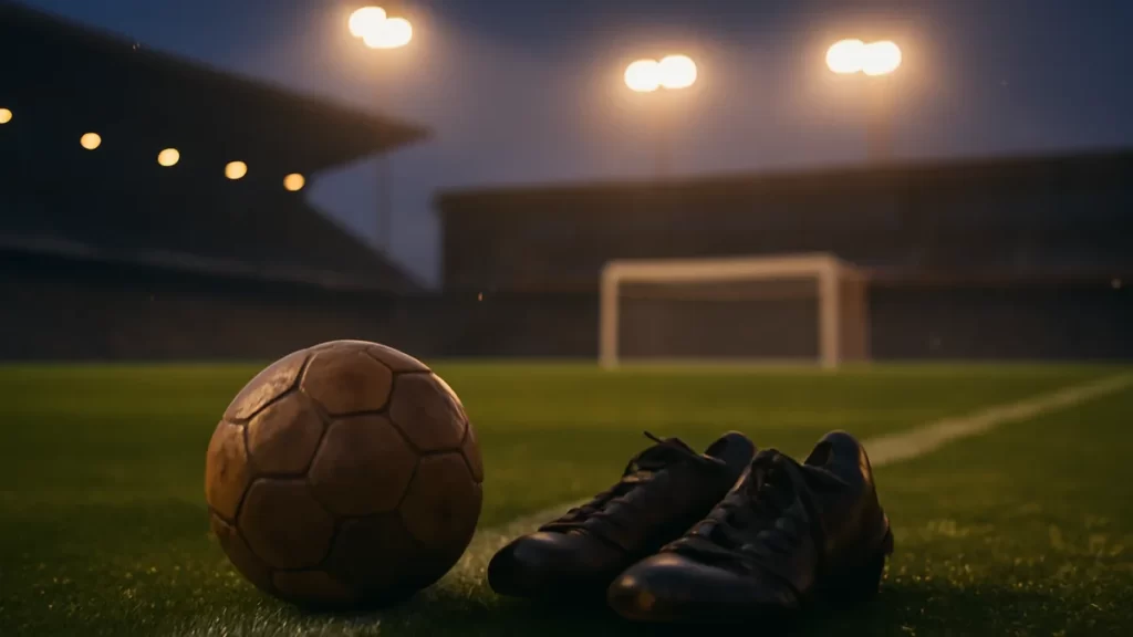 Worn football boot and scuffed ball on wet pitch at twilight.
